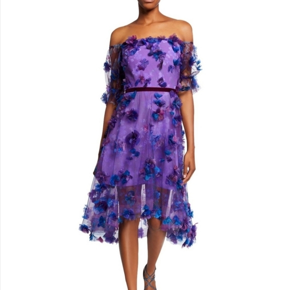 Marchesa Notte Off-the-Shoulder Blouson-Sleeve Tulle Dress w/ 3D Flowers… - Picture 1 of 13
